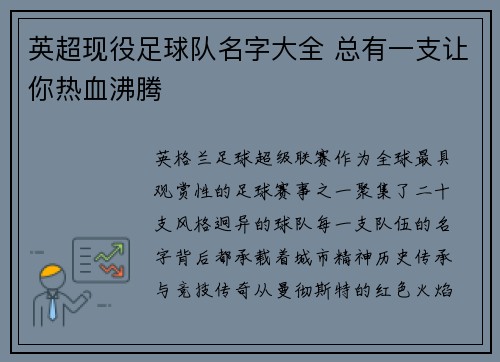 英超现役足球队名字大全 总有一支让你热血沸腾