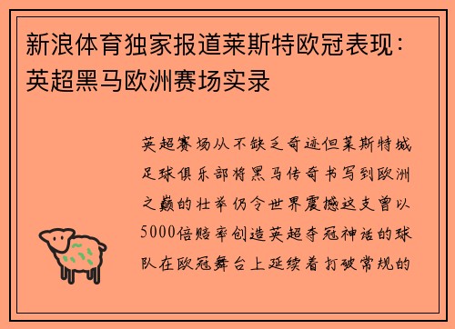 新浪体育独家报道莱斯特欧冠表现：英超黑马欧洲赛场实录